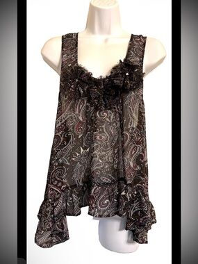 LIVING DOLL BROWN SIZE L MULTICOLOR PAISLEY RUFFLE SHEER STUDDED TANK TOP
